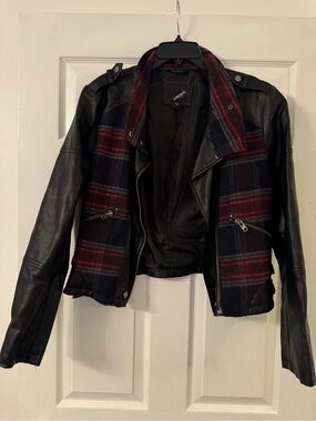 Black Leather Jacket with Red Plaid Panels - Women’s Statement Biker